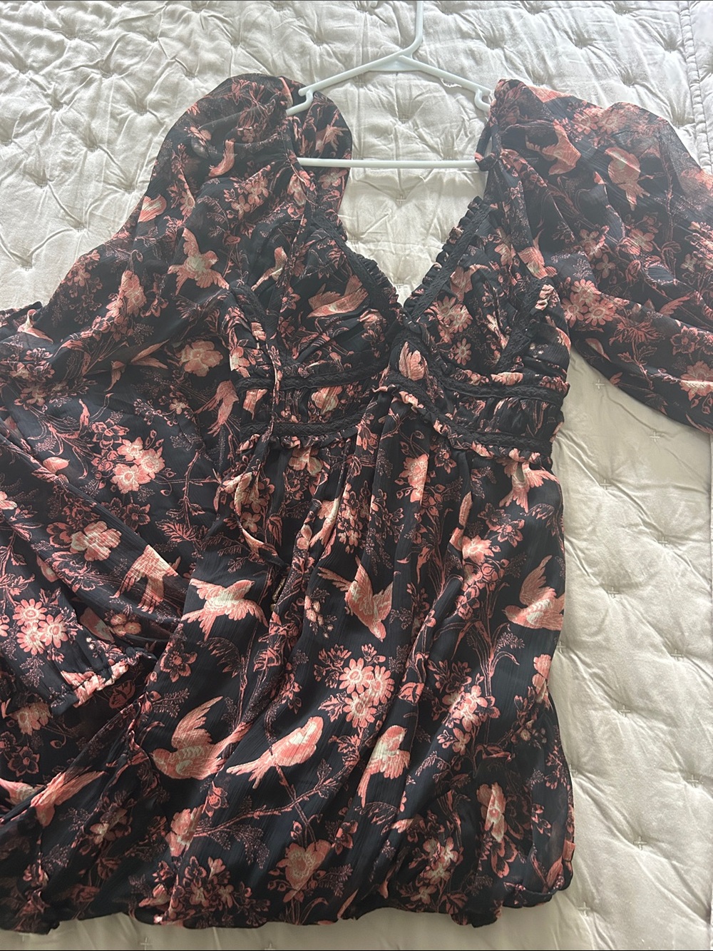 Free People Black Dress with Pink Floral & Bird Print